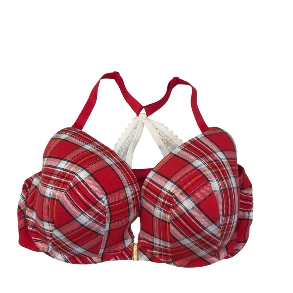 Cacique Red Plaid Boost Plunge Bra Lace Trim Underwire Padded Push Up‎ 40DD